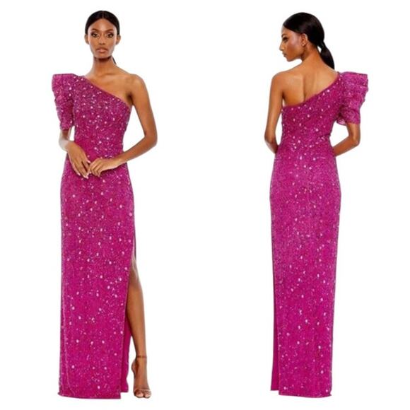 Mac Duggal Size 2 10912 Pink Puff One Sleeve Embellished Beaded Maxi Dress NWD - Picture 1 of 10